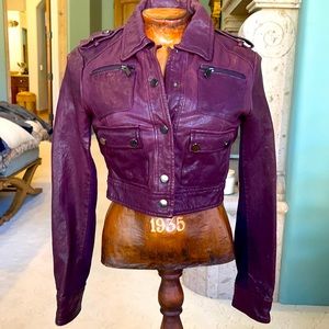 royal plum genuine leather jacket.. Cropped biker style